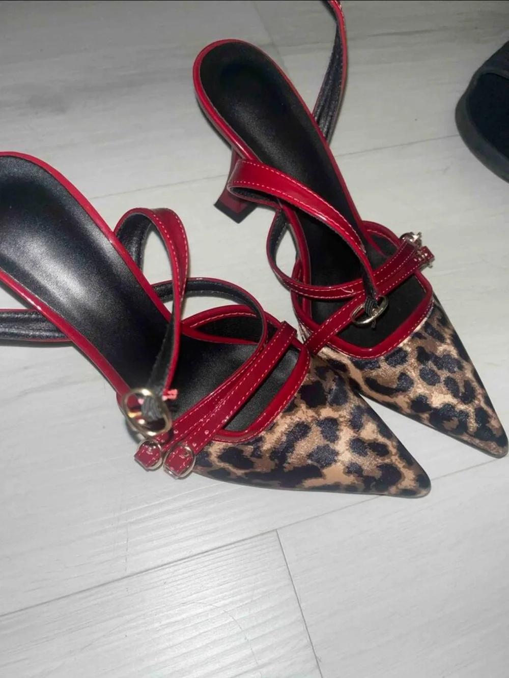 Leopard Print Pointed Toe Slingback Heels with Cherry Wine Patent Strap
